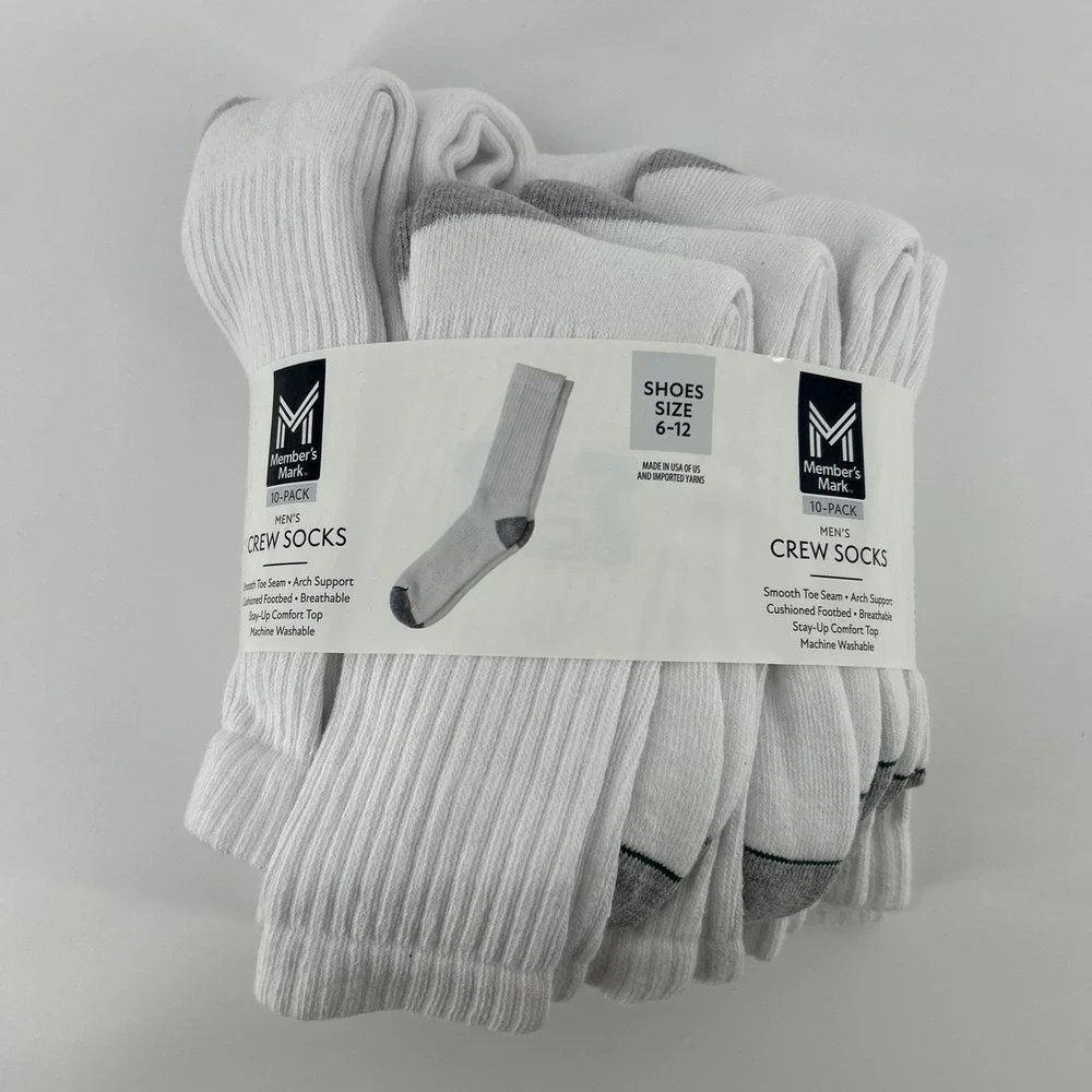 Member's Mark Crew Socks 10 Pair Cotton Blend Sizes 6-12 White & Gray Workwear